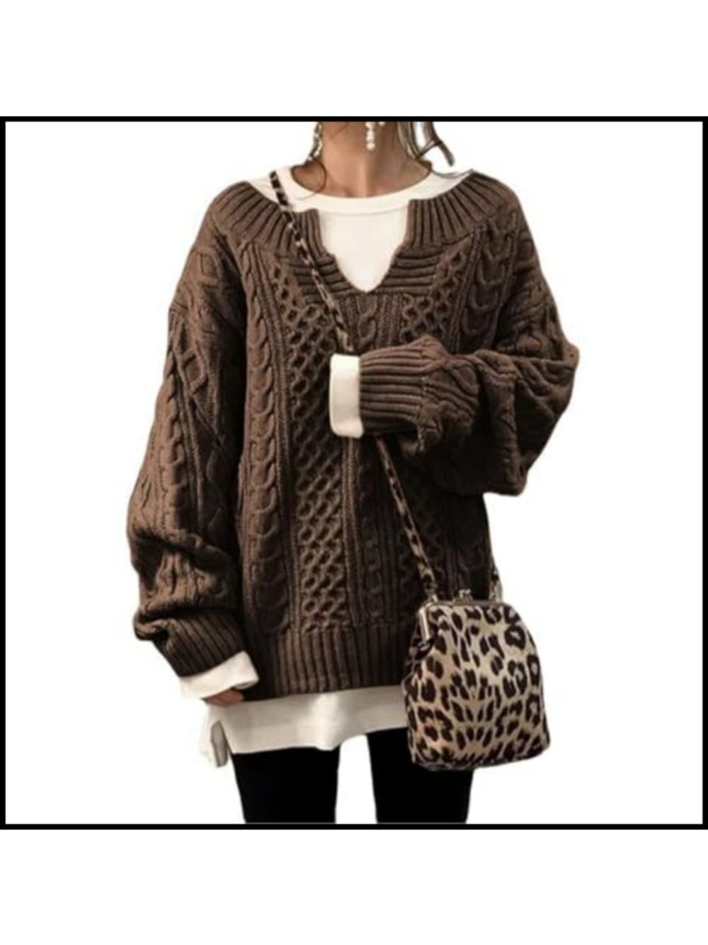 Chunky Cable Knit V Neck Long Sleeve Pullover Sweater Loose Fit